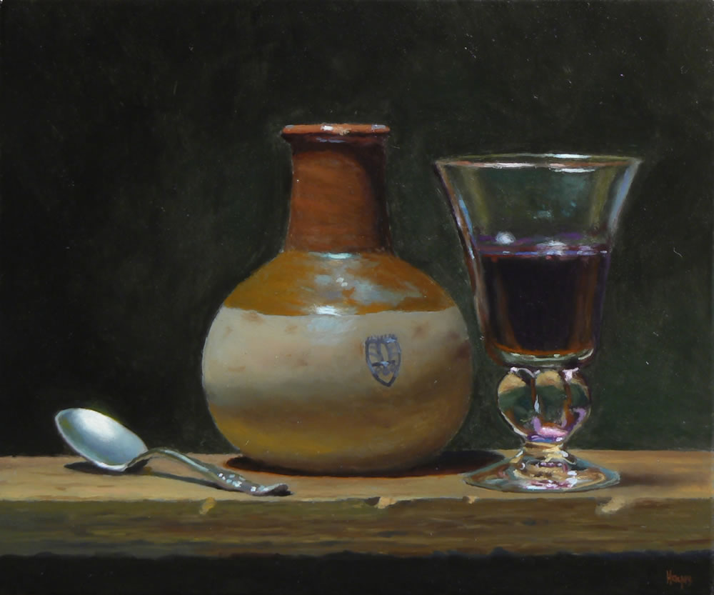 "Spoon, Earthenware Jar, and Wineglass" Oil on panel, 5x6 inches, 2011 (Sold)