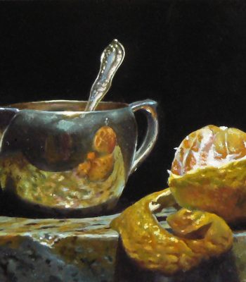 "Silver Creamer and Peeled Orange", oil on panel, 5x6 inches, 2011, Sold