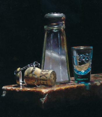 "Cork, Shaker, and Shotglass", oil on panel, 5x5 inches, 2011, Sold