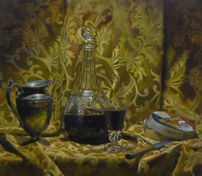 "Silver, Wine, and Cheese", oil on panel, 24x24 inches, 2012