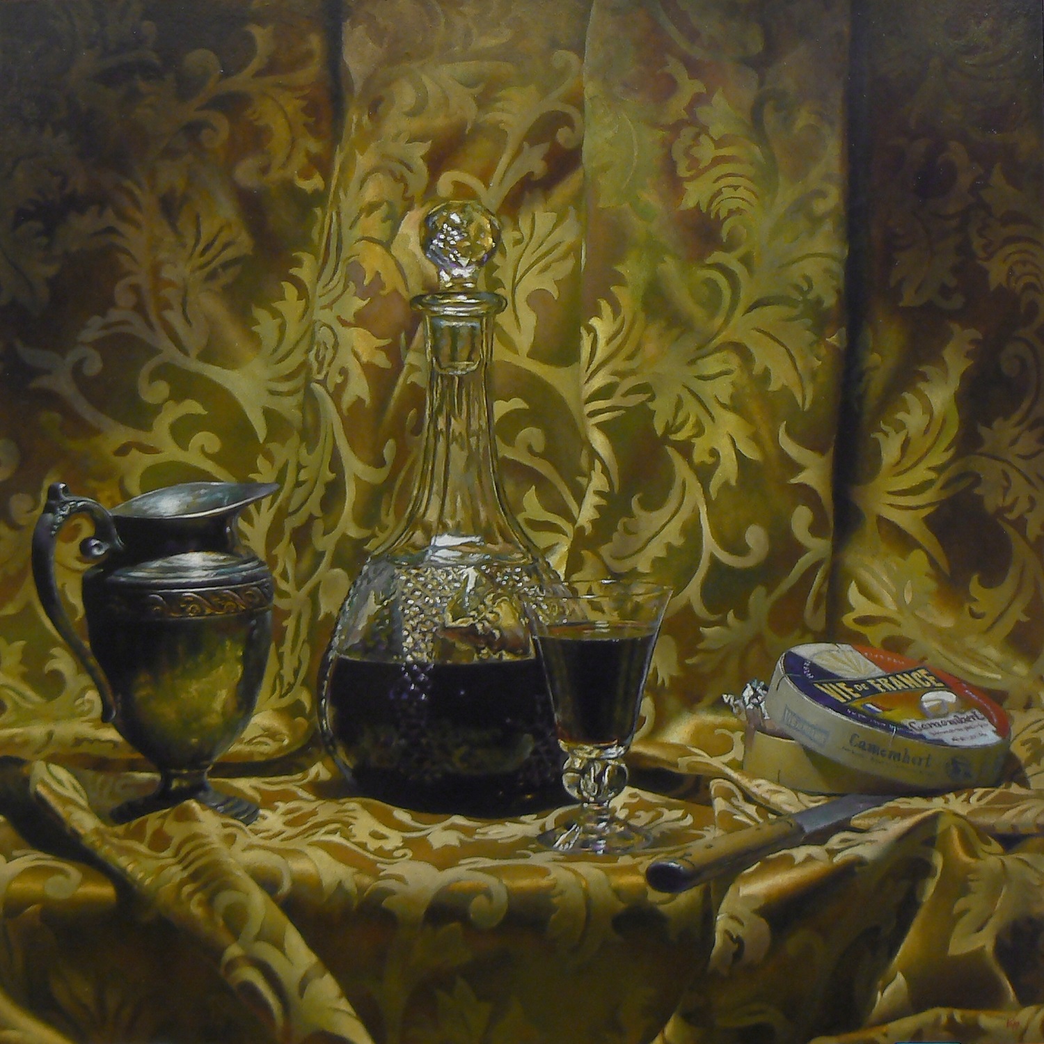 "Silver, Wine, and Cheese" Oil on panel, 24x24 inches, 2012 (sold)