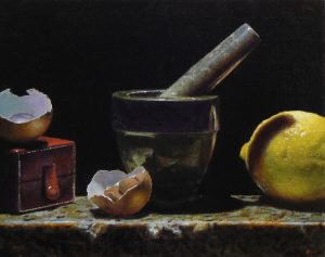 "Kitchen Still Life with Red Box", oil on linen, 8x10 inches