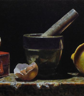 "Kitchen Still Life with Red Box", oil on linen, 8x10 inches, 2012, Sold