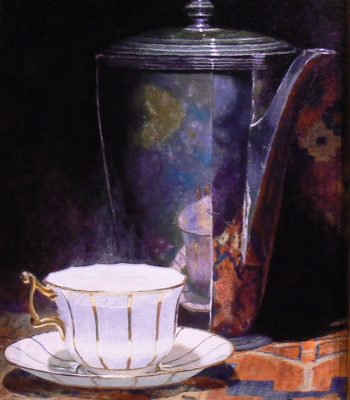 "Teacup and Teapot on an Oriental Rug", oil on linen, 10x8 inches, 2012, Sold
