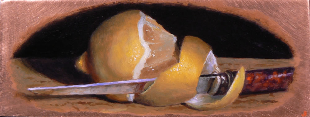 "Peeled Lemon with Knife" Oil on copper, 2x5 inches, 2013 (Sold)