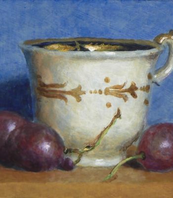 "Teacup and Grapes Against Blue", oil on panel, 3x3 inches, 2013