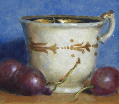 "Teacup and Grapes Against Blue", oil on panel, 3x3 inches, 2013