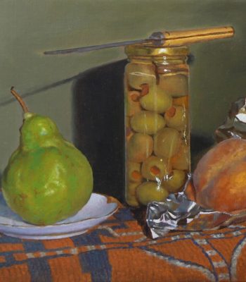 "Pear, Olives, Knife, and Peach", oil on linen, 9x12 inches, 2014, Sold