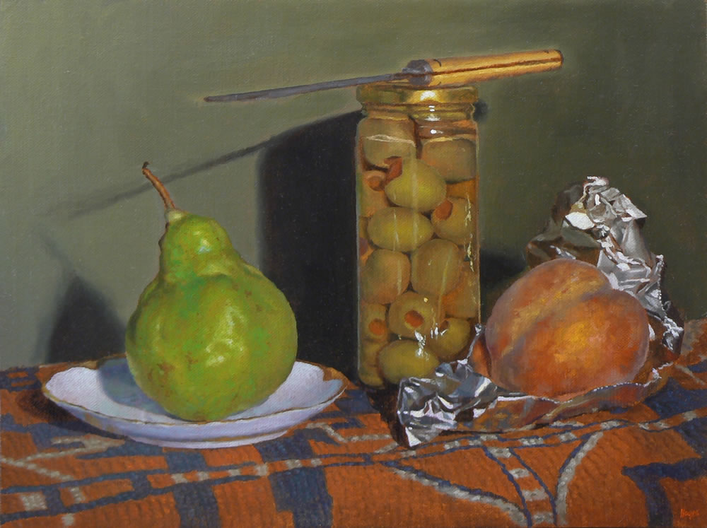 "Pear, Olives, Knife, and Peach"
Oil on Linen, 9x12 Inches, 2014 (sold)