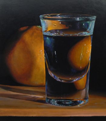 "Tangerine and Shotglass", oil on linen, 24x24 inches, 2013, Sold