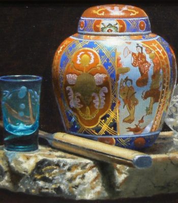 "Shotglass, Knife, Ginger Jar, Salt Shaker", oil on linen, 9x12 inches, 2015, Sold