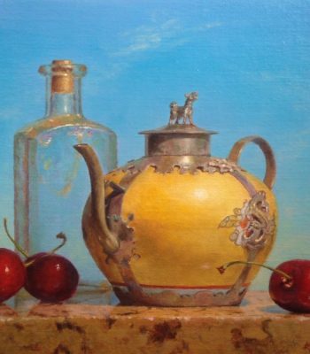 "Chinese Teapot, Bottle, Cherries, Sky", oil on linen, 10x10 inches, 2016, Sold