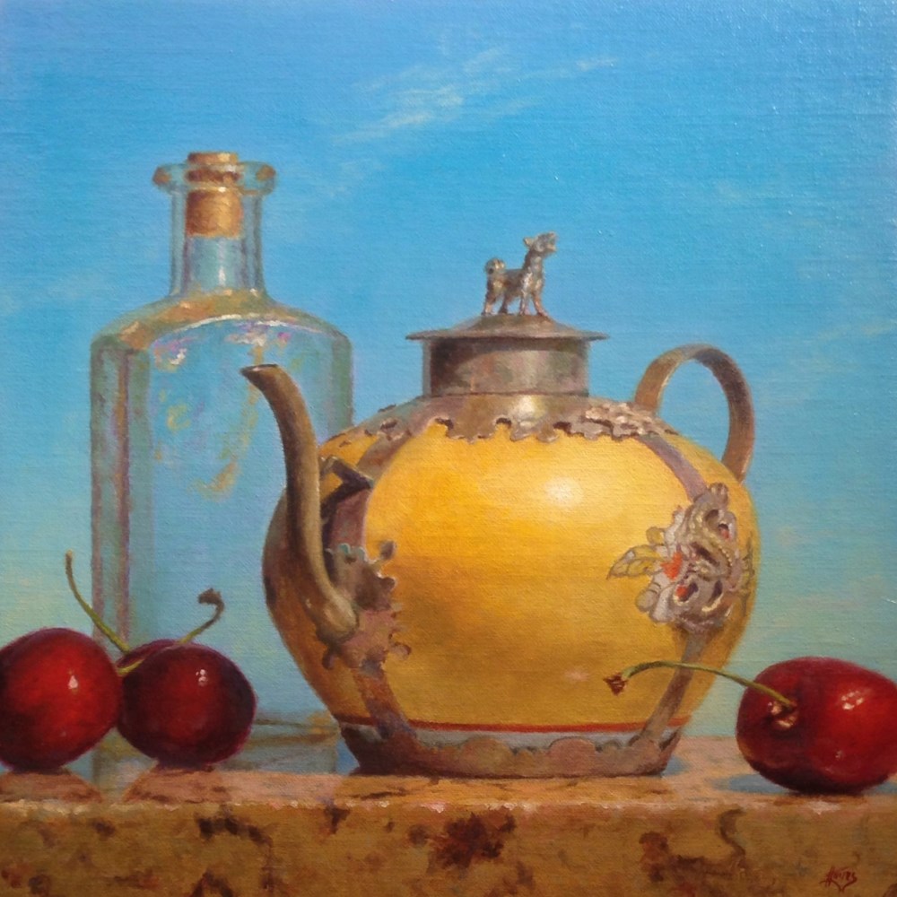 "Chinese Teapot, Bottle, Cherries, Sky"
Oil on Linen, 10x10 Inches, 2016 (sold)