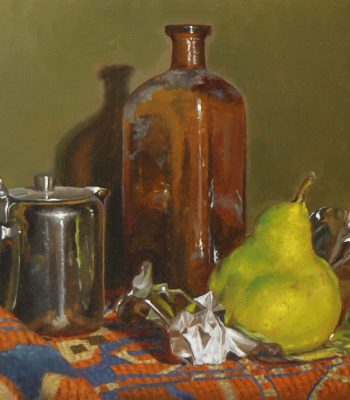 "Creamer, Bottle, and Pear", oil on linen, 9x12 inches, 2014, Sold