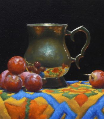 "Silver, Grapes, Tibetan Rug", oil on panel, 5x5 inches, 2015, Sold