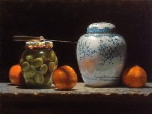 "Oranges, Olives, Ginger Jar", oil on linen, 9x12