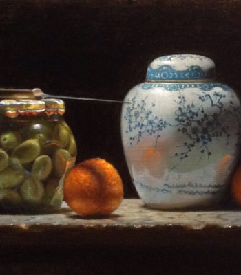 "Contemplation: Oranges, Olives, Ginger Jar", oil on linen, 9x12 inches, 2017, Sold