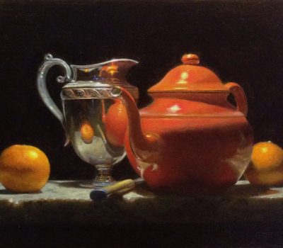 "Contemplation: Oranges, Silver, and Red Teapot", oil on linen, 9x12 inches, 2017, Sold