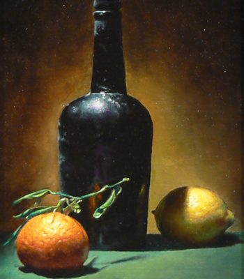 "Antique Bottle, Seville Orange, and Lemon", oil on linen, 10x8 inches, 2012, Sold