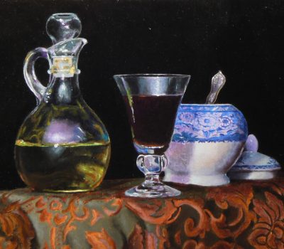 "Olive Oil, Wine, and Sugar Bowl", oil on linen, 8x10 inches, 2013
