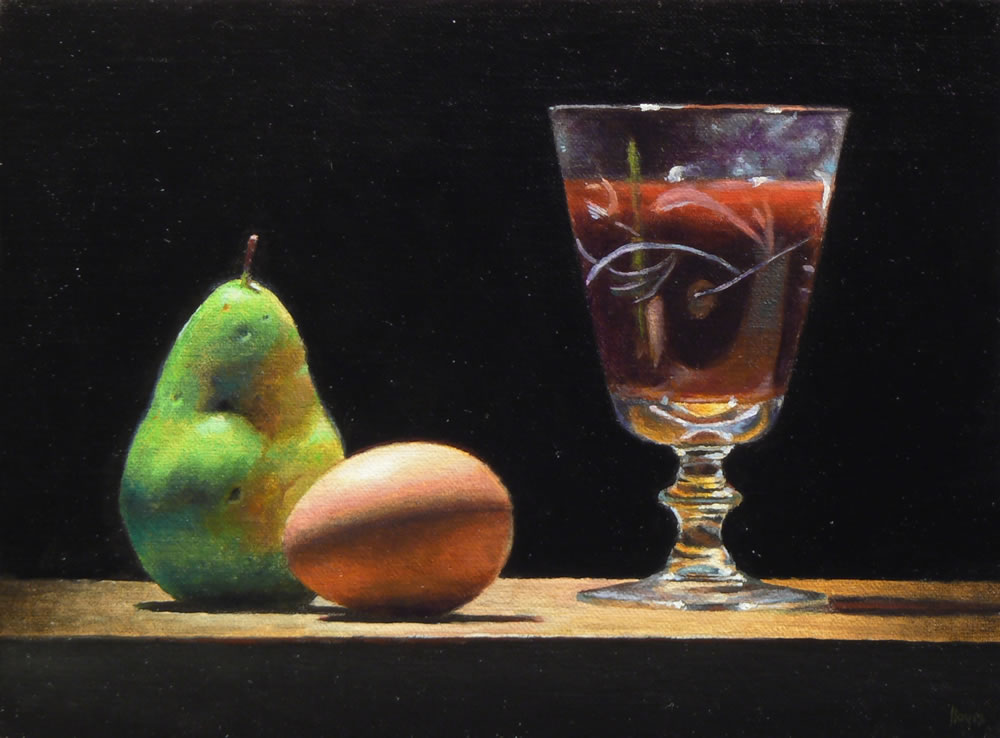 "Pear, Egg, Wineglass" Oil on Linen, 6x8 inches, 2013 (sold)