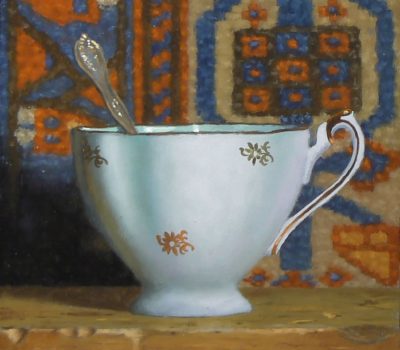 "Teacup with Oriental Rug XII", oil on panel, 5x5 inches, 2015