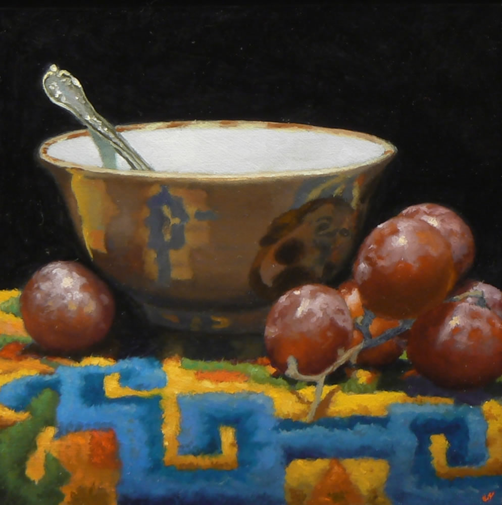 “Handmade Bowl, Grapes, Tibetan Rug”, oil on panel, 5×5 inches (sold)