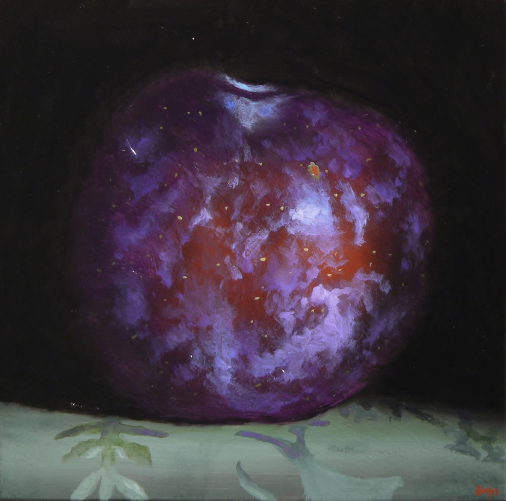 "Red Plum on Green Silk" Oil on panel, 5x5 inches, 2013 (sold)