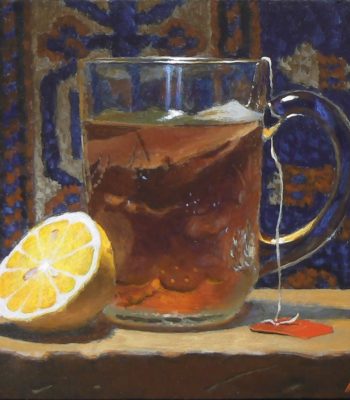 "Lemon, Tea, and Rug No. 1", acrylic on panel, 5x5 inches, 2015, Sold
