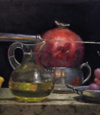 "Still Life with Knife and Pomegranate", oil on linen, 8x10 inches, 2018, Available