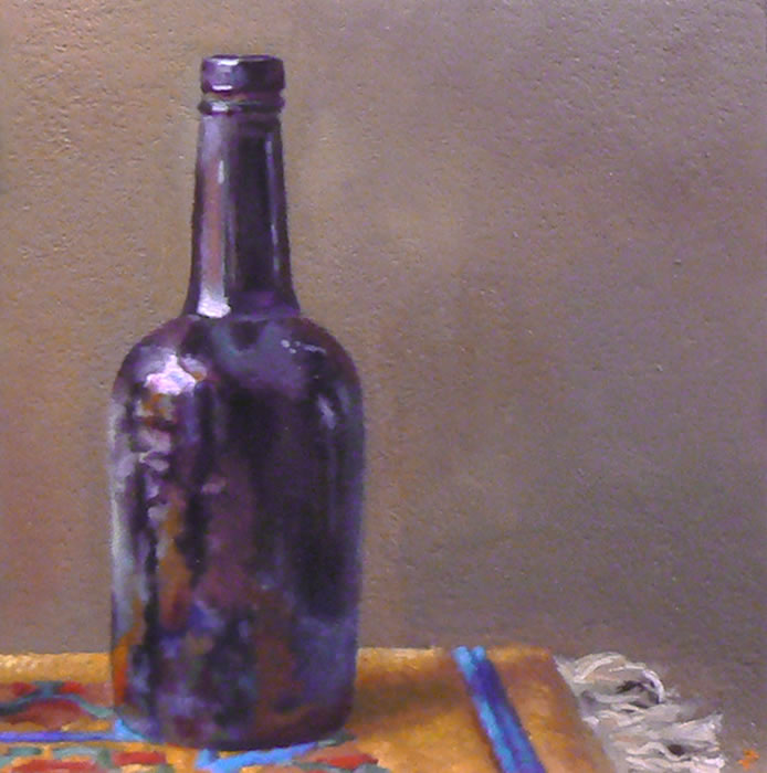 "Fragment: Bottle and Tibetan Carpet" Oil on panel, 4x4 inches, 2009 (sold)