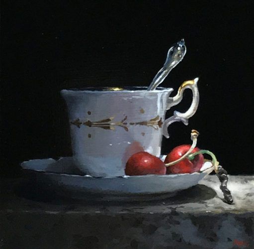 "Teacup and Cherries in Shadow", oil on panel, 5x5 inches