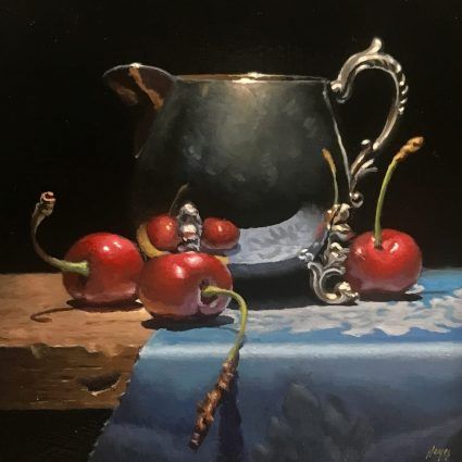 "Cherries and Silver", oil on panel, 5x5 inches