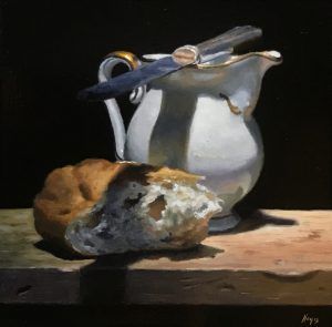 "Creamer, Knife, Bread", oil on panel, 5x5 inches