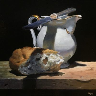 "Creamer, Knife, Bread", oil on panel, 5x5 inches