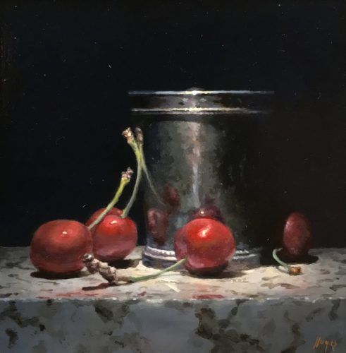 "Red Cherries, Silver Cup", oil on panel, 5x5 inches