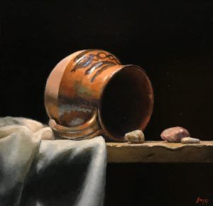 "Mexican Pitcher and River Stones", oil on panel, 5x5 inches