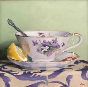 "Teacup, Lemon, Silver", oil on panel, 5x5 inches