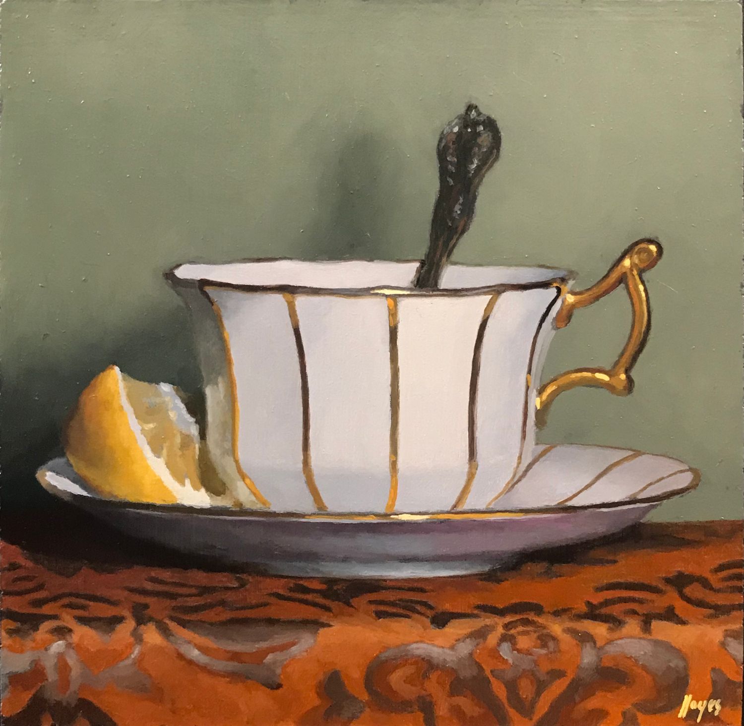 "Teacup and Lemon on Red Silk", oil on panel, 5x5 inches