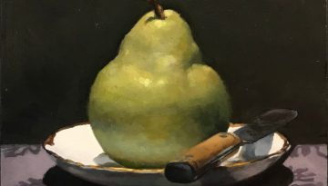 "Pear and Knife on Purple Silk", oil on panel, 5x5 inches