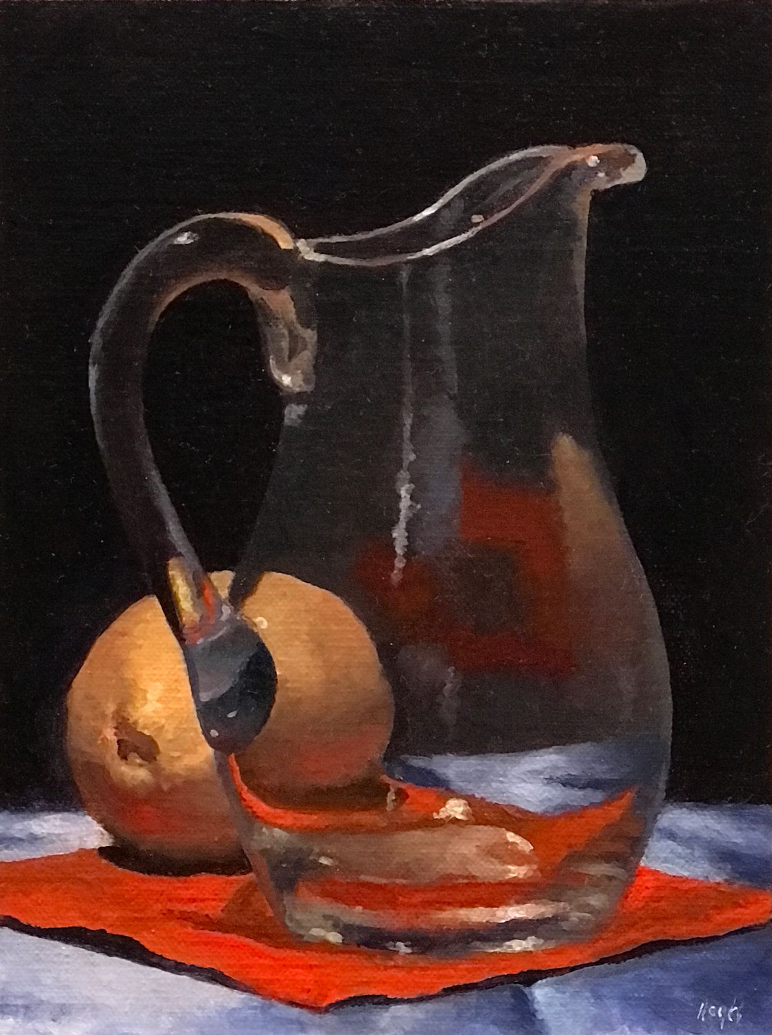"Glass, Lemon, Blue Silk, Red Napkin", oil on linen on panel, 8x6 inches