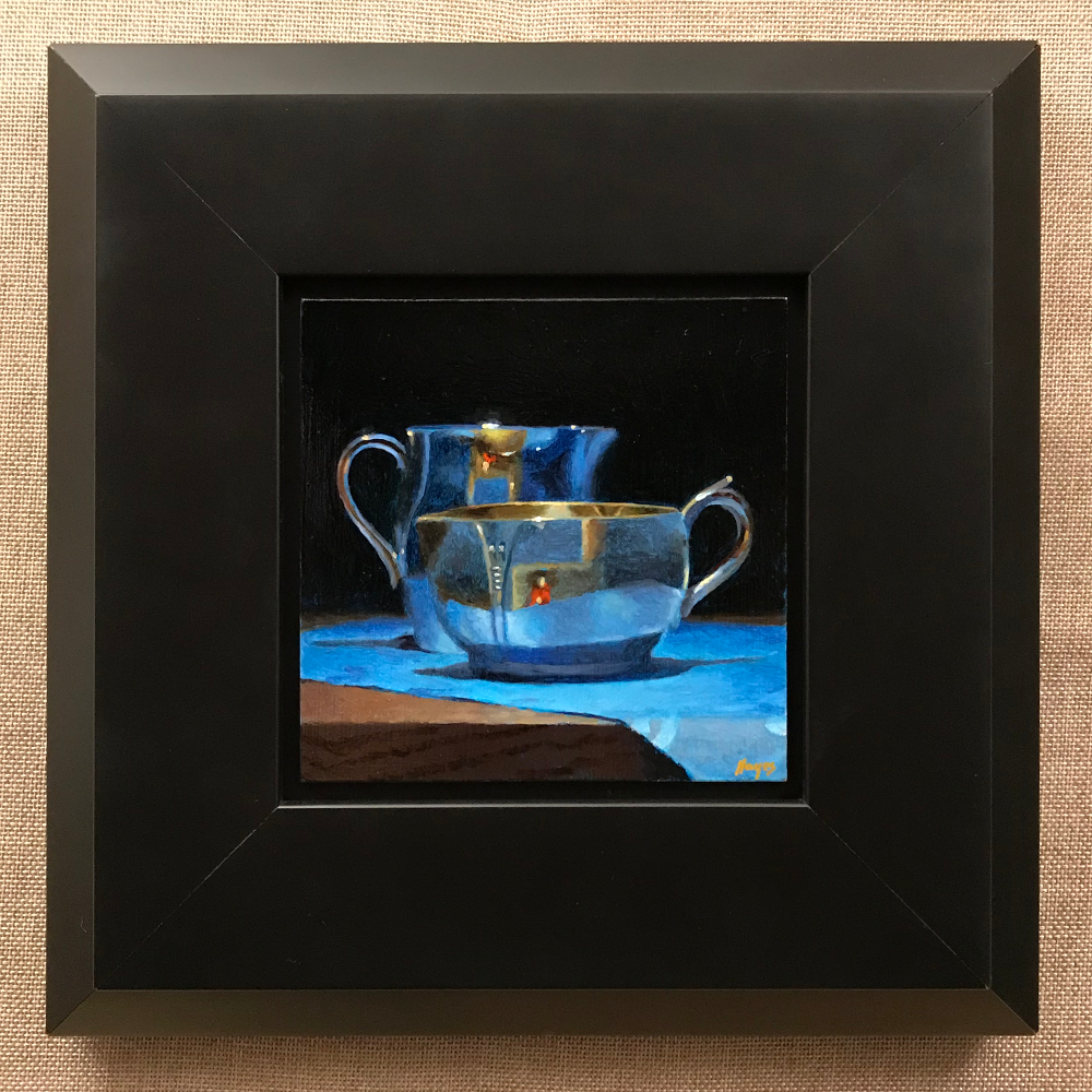 "Silver Creamers on Blue Silk", oil on panel, 5x5 inches