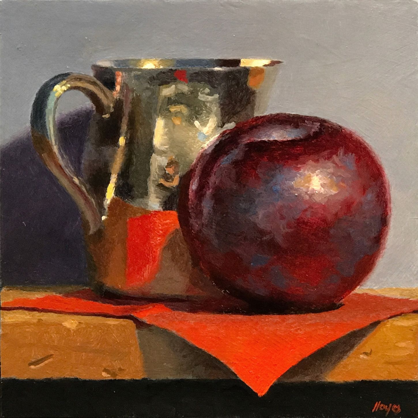 "Plum, Silver Creamer, Red Napkin" Oil on panel, 5x5 inches, 2021 (Prints are available)