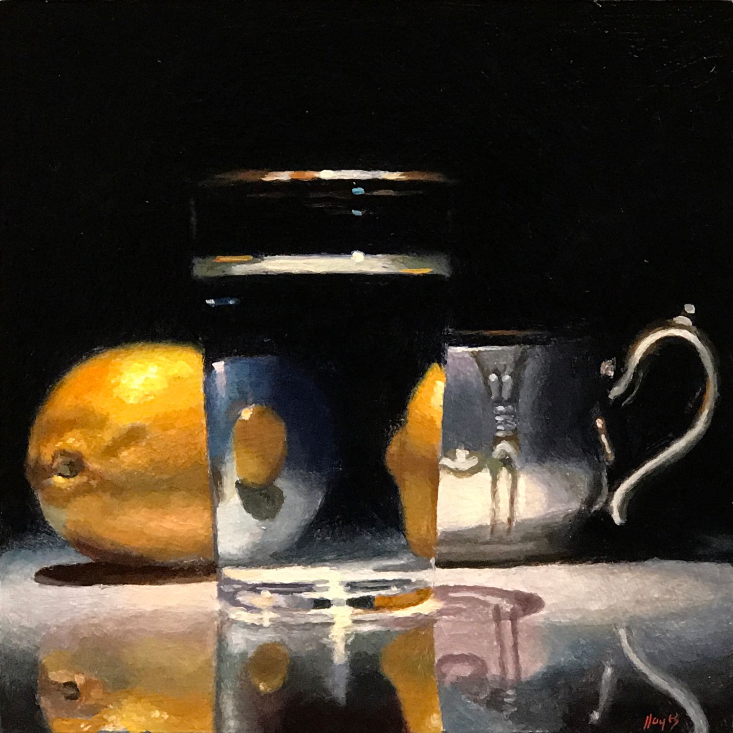 "Lemon, Silver, Glass" Oil on panel, 5x5 inches, 2021 (Prints are available)
