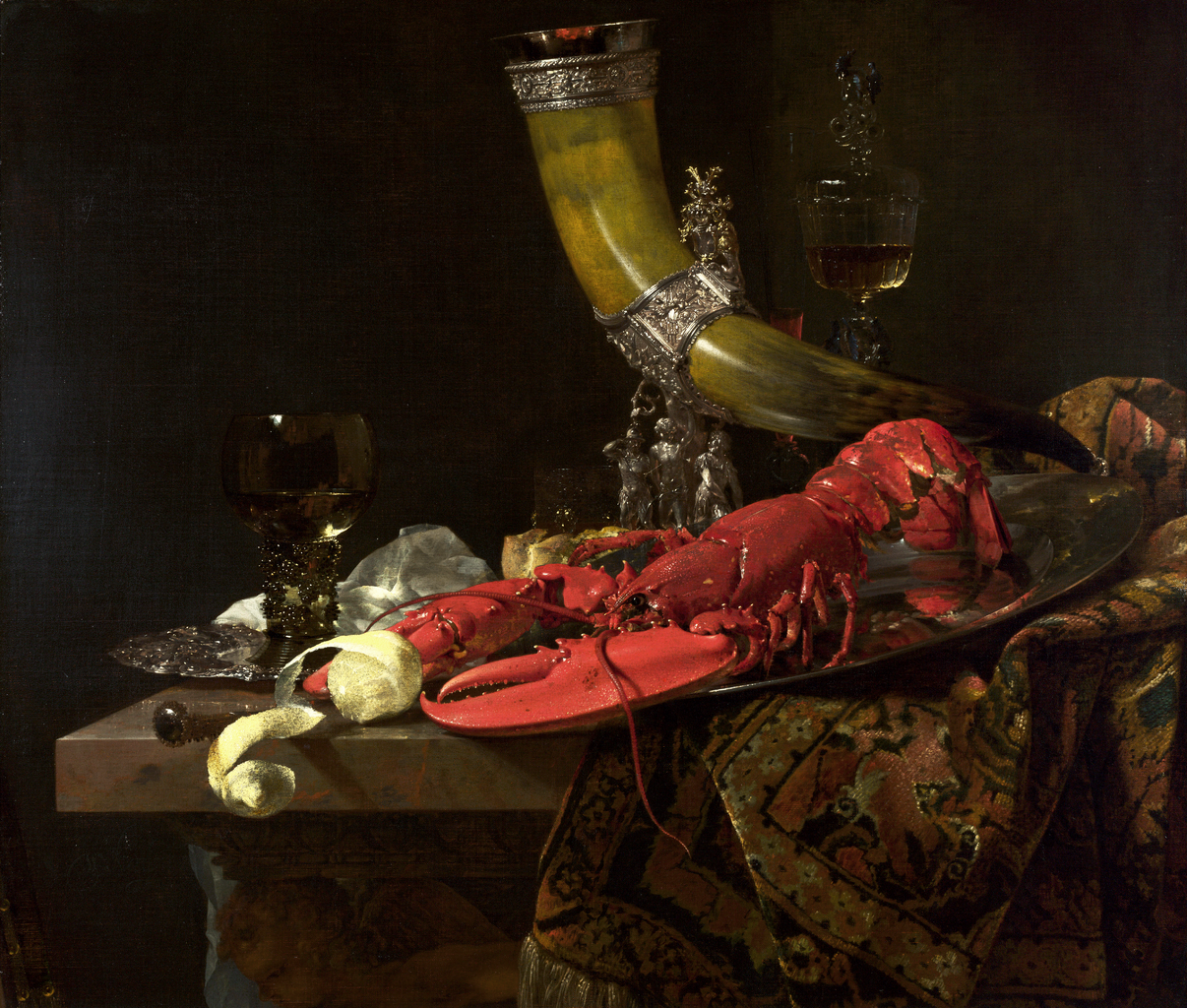 Willem Kalf: "Still Life with Lobster, Drinking Horn and Glasses" Oil on canvas, 34 x 40 inches, 1653
