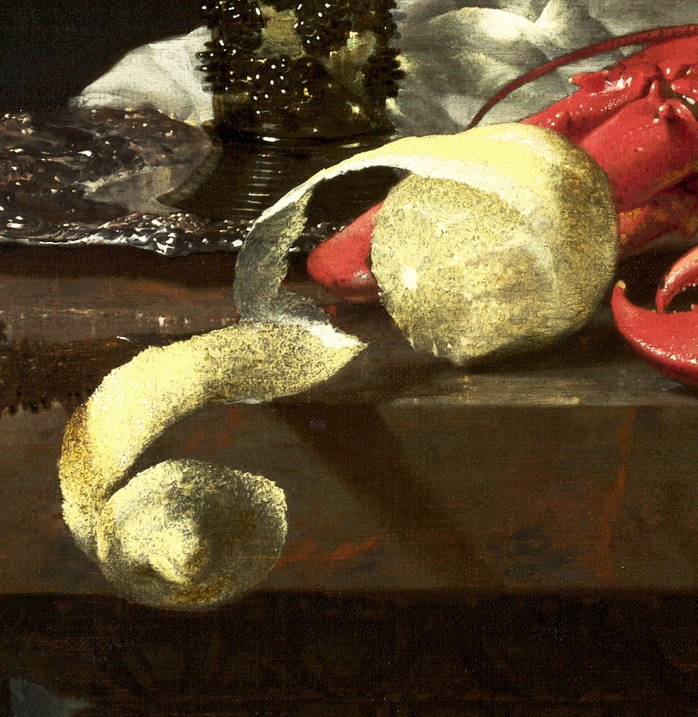 Willem_Kalf,_Still_Life_with_Drinking-Horn-lemon Willem Kalf: detail from “Still Life with Lobster, Drinking Horn and Glasses” Oil on canvas, 34 x 40 inches, 1653
