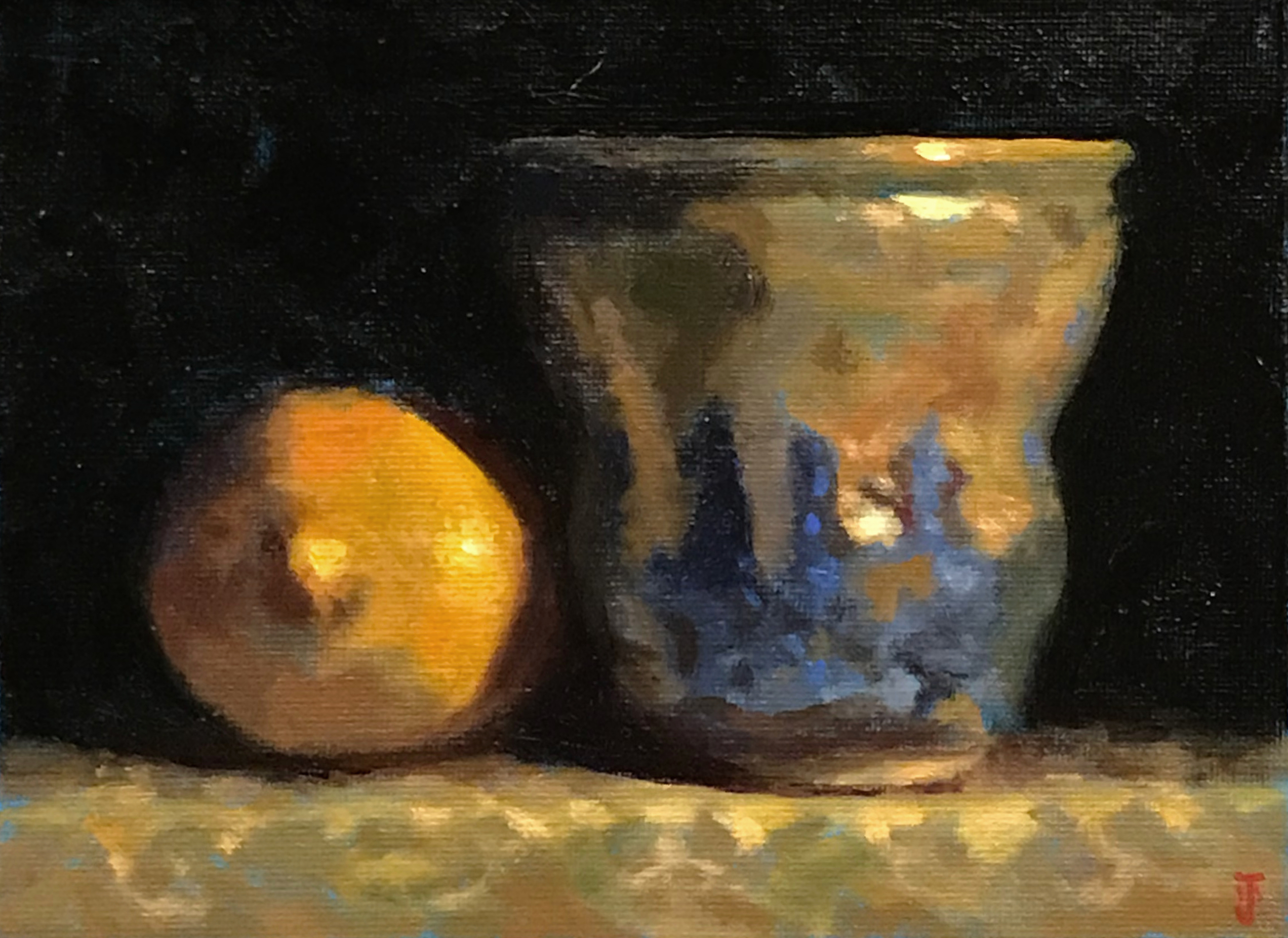 "Color Study: Lemon and Stoneware Cup", oil, 5x7 inches