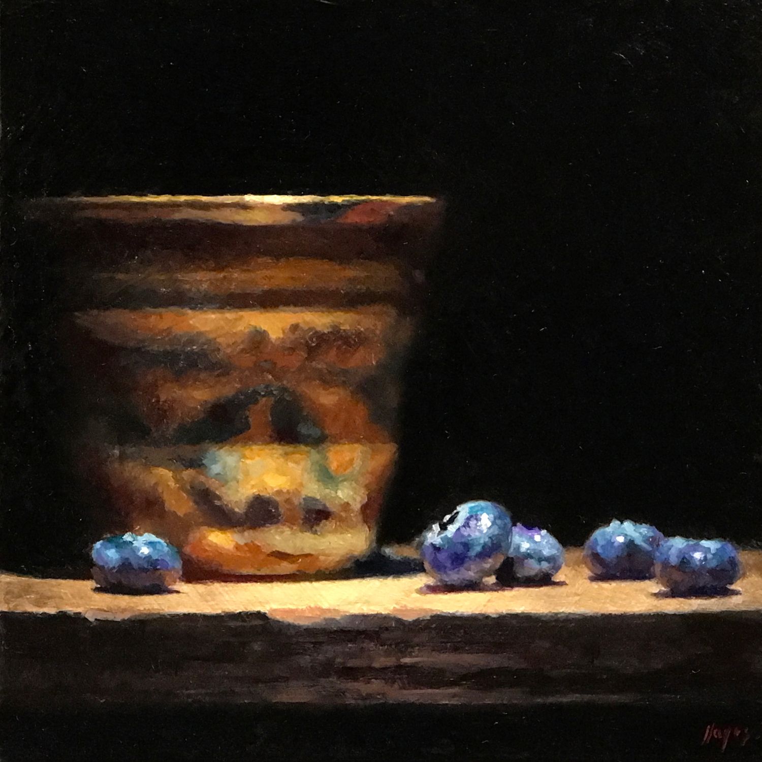 "Stoneware Cup and Blueberries” Oil on panel, 5 x 5 inches