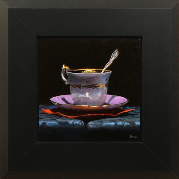 Teacup with Red Napkin and Purple Saucer